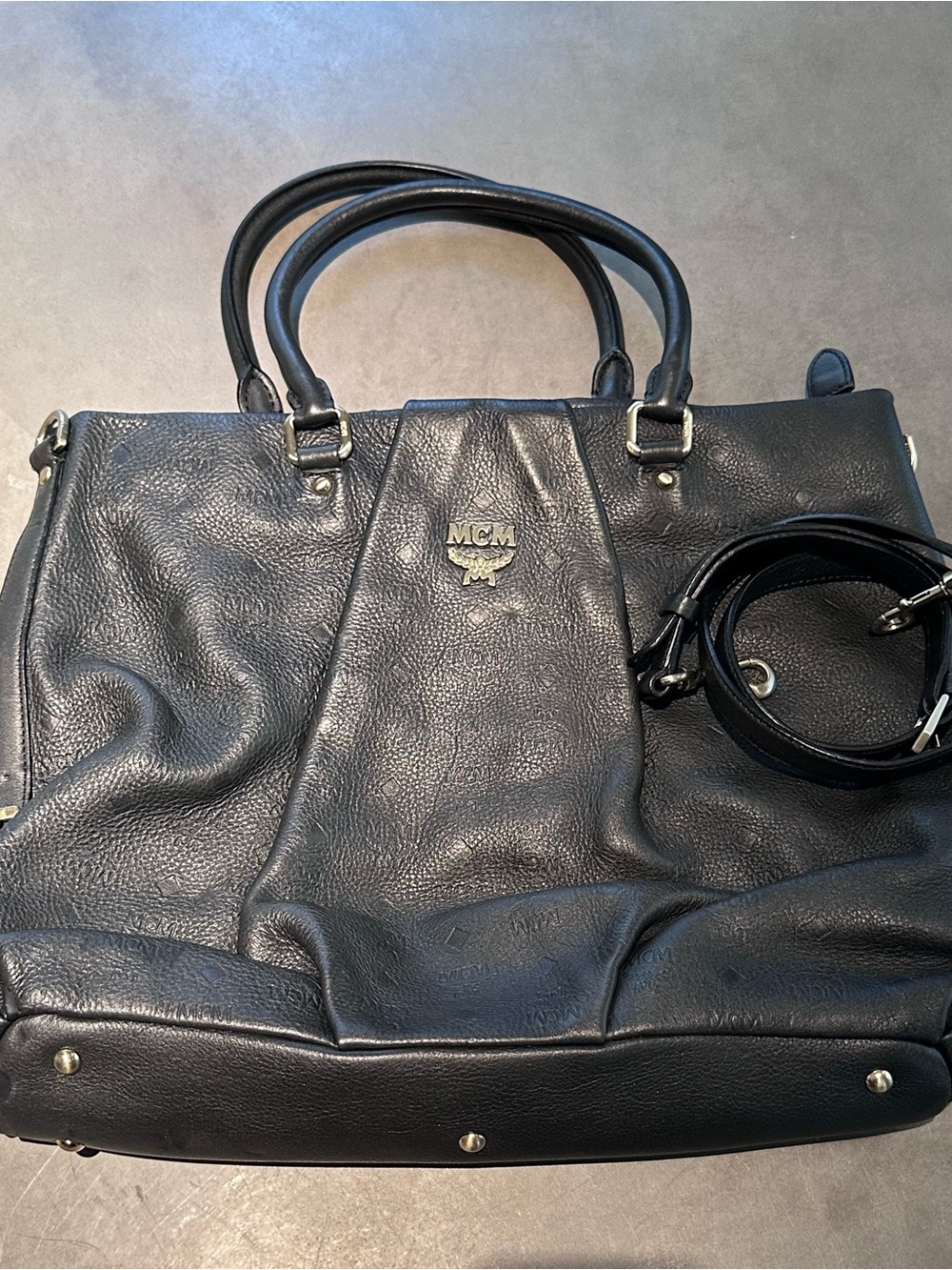 MCM Black Monogram Pebbled
Satchel Top Handle Bag w/ Detachable Cross-Body Strap